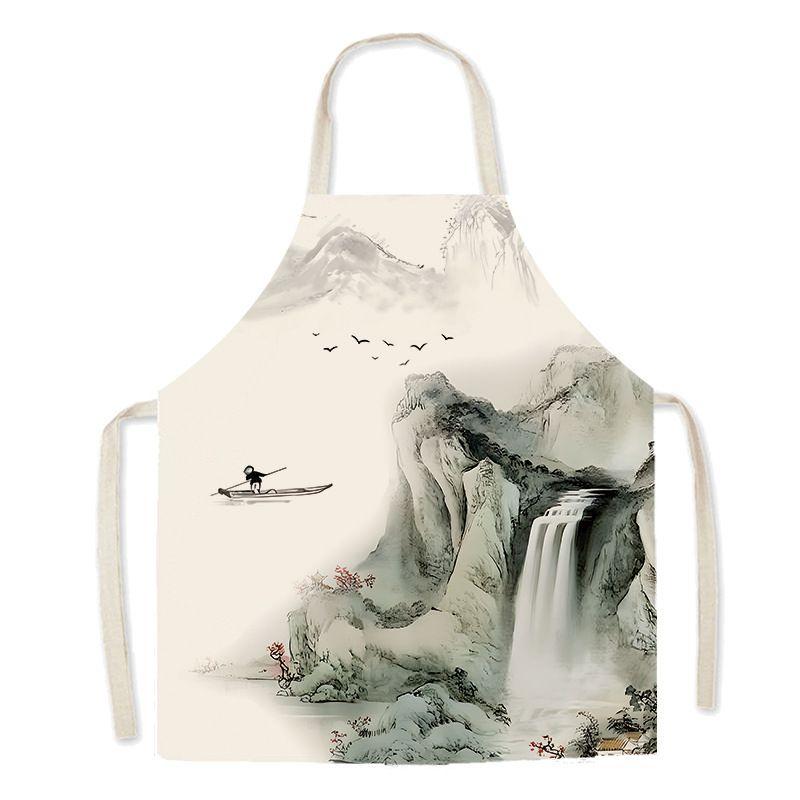 Китайская тушевая пейзажная живопись Фартук Молодая Красивая Талия Кухня Домашняя Кулинария Льняная Живописная Рабочая Одежда 47x38cm