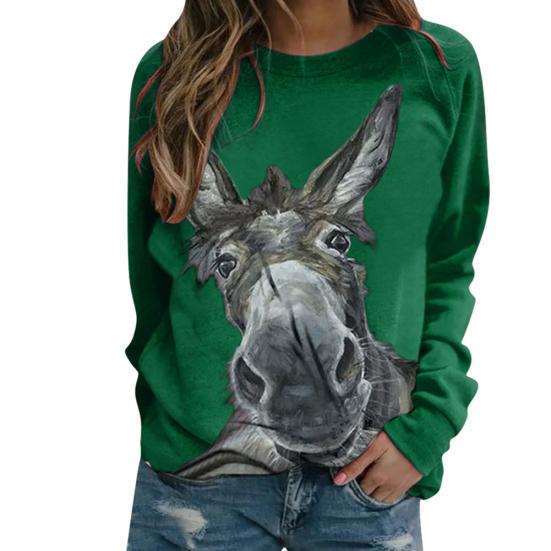 Damen Langarm Pullover Bluse Esel Print Lose Sweatshirt