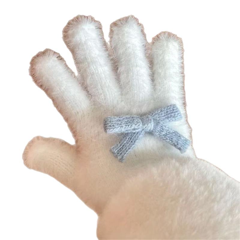 Cute Sweet Bow Pom-pom Plush Gloves Cold-Proof Gloves Student Winter Warm Five-finger Gloves Women Fashion Accessories Xmas Gift