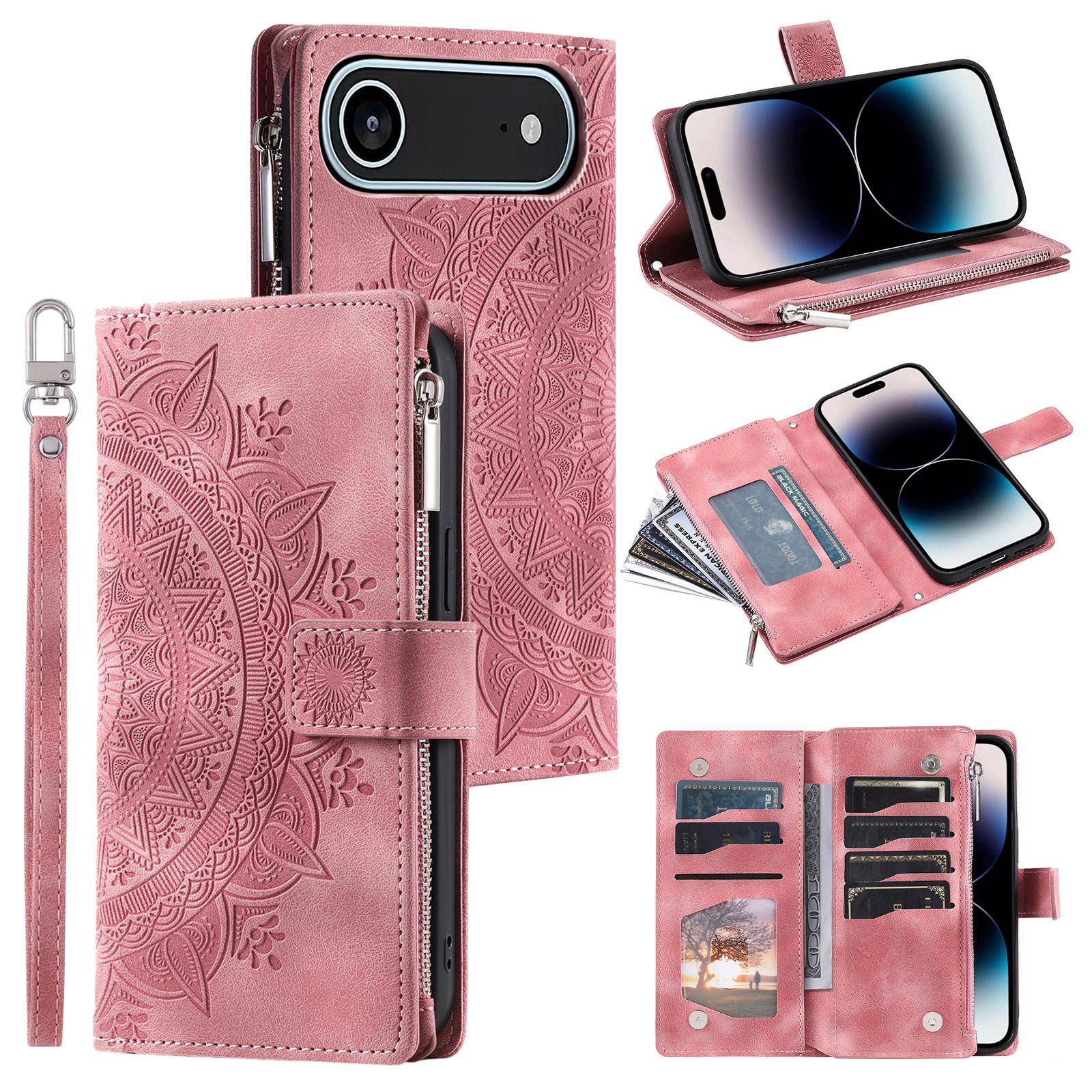 

For iPhone 17 Air Wallet Case Mandala Flower Pattern PU Leather Phone Cover with Wrist Strap Rose Gold
