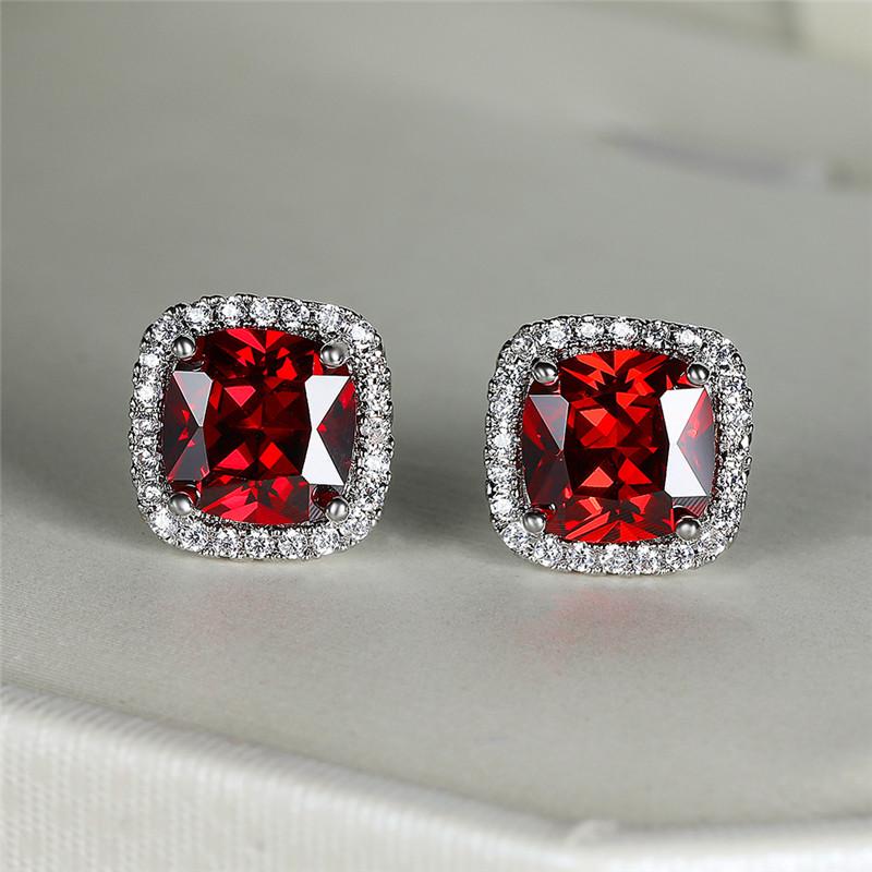 Милые женские серебряные серьги-гвоздики с красным кристаллом, квадратные, роскошные, свадебные, для женщин красный