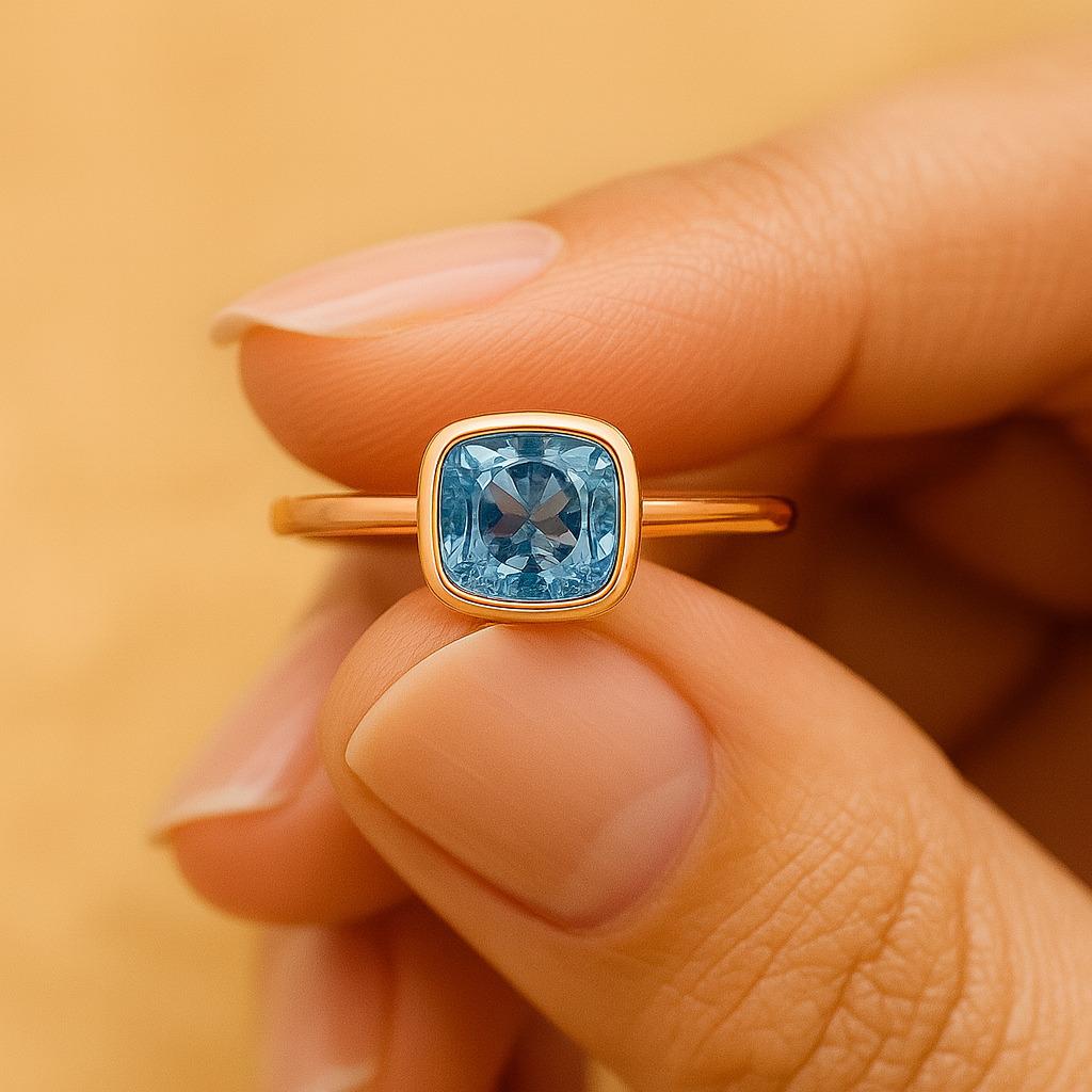 Cushion Cut Aquamarine Solitaire Ring – Yellow Gold Plated Bezel Setting, Engagement Wedding Jewellery Gift for Women