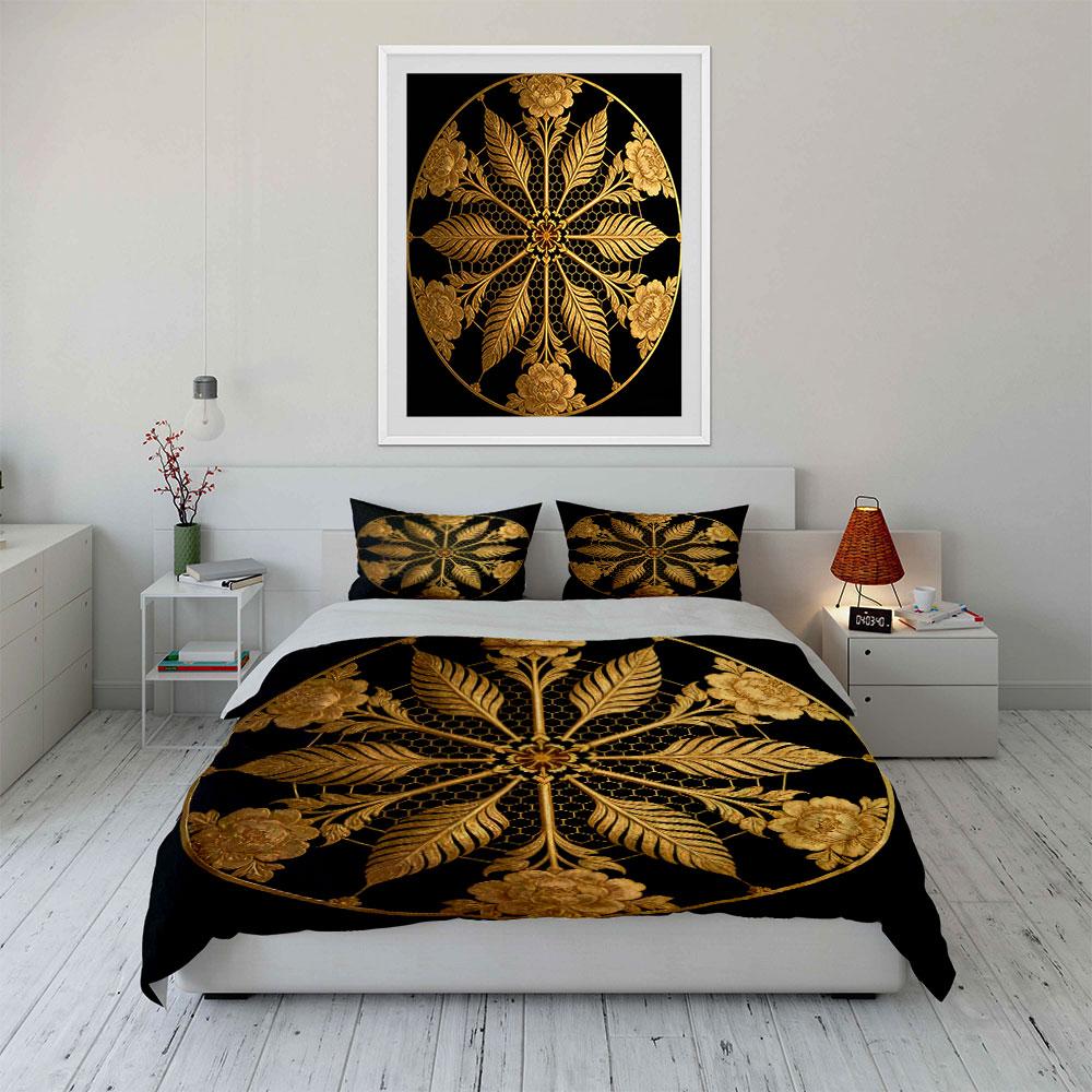 Golden Floral Decorative Three-Piece Soft Comfortable Duvet Cover Bedding Set Included 1*Duvet Cover & 2*Pillowcases, Gift