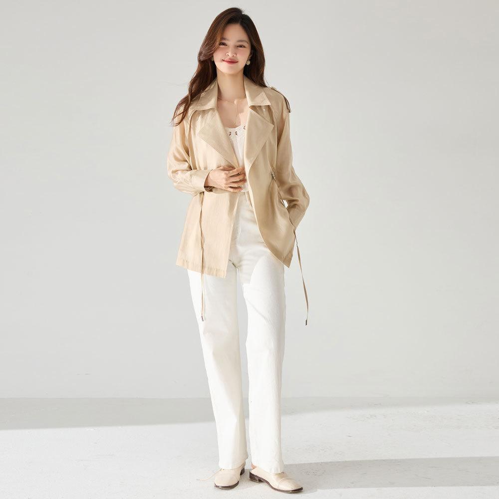 Tencel skin-friendly and breathable, thin and transparent sunscreen, light air-conditioning shirt, drawstring waist long-sleeved trench coat 23232