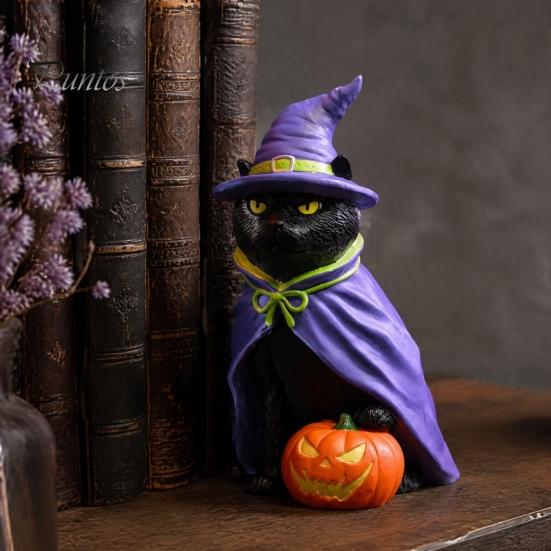 Black Cat Theme Party Supplies Halloween Witch On Pumpkin Resin Statue, Mysterious Gothic Tabletop Creative Sculpture for Holiday Figurine,