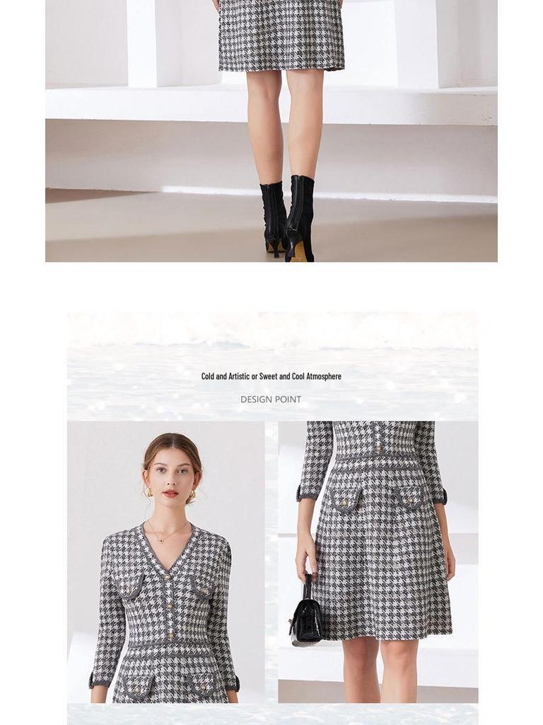 2025 Fall/Winter Retro European & American Houndstooth V-Neck Mid-Length Knitted Dress