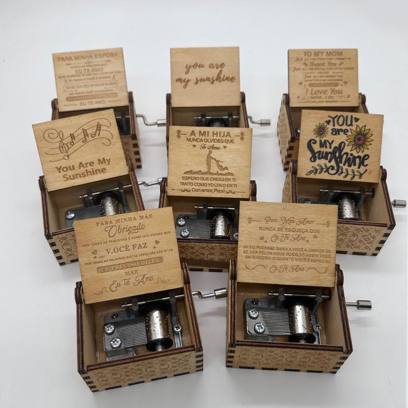 Wood Laser Engraved Vintage Hand Cranked Cute Boxes Wooden Music Box