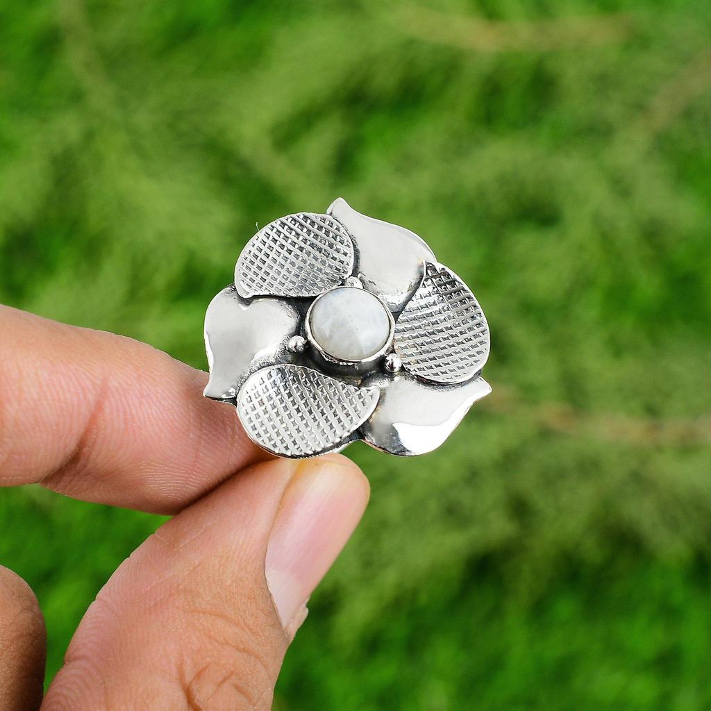 Stackable Flower Adjustable Ring 925 Silver Natural Rainbow Moonstone