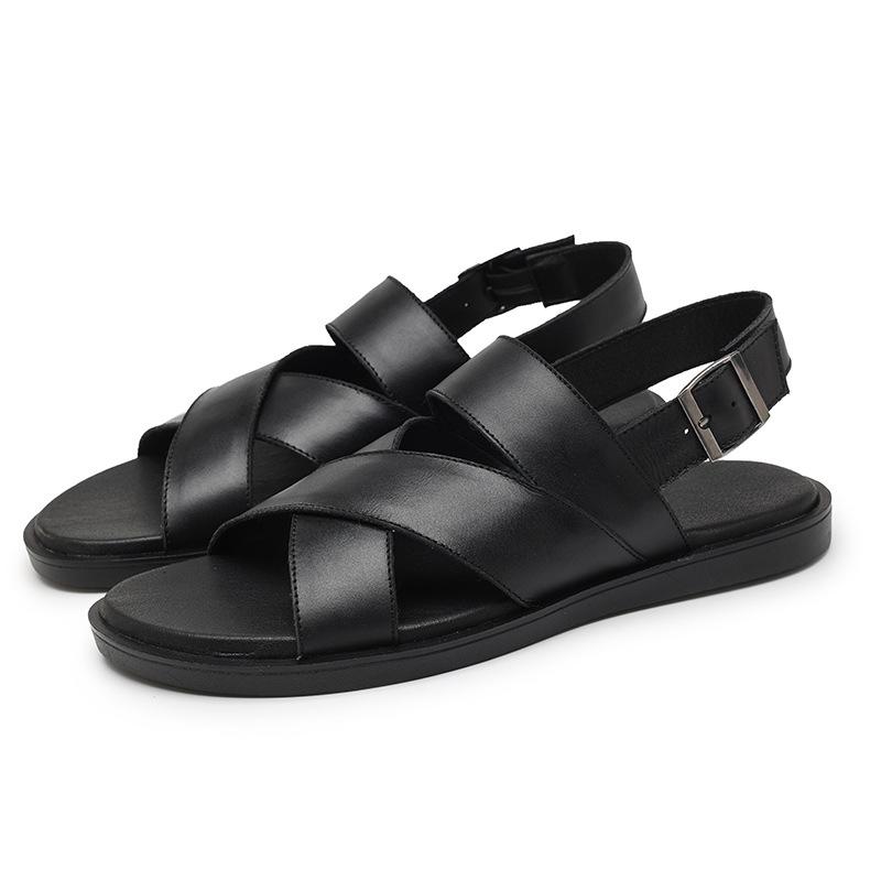 Trend Men Genuine Leather Sandals Summer Breathable Black Leather Casual Sandals Fashion Flats Lightweight Sandals Business Shoe
