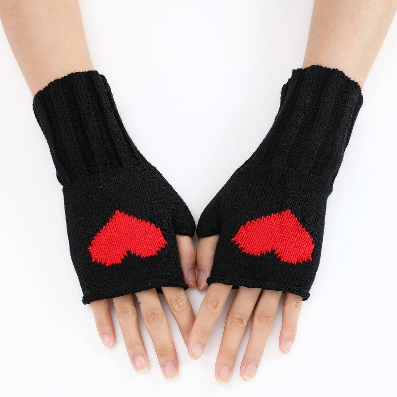 Botvotee Black Fingerless Gloves Women Winter Arm Warmers Y2k Accessories Knit Fashion Love Cute Short Hands Free Gloves Red