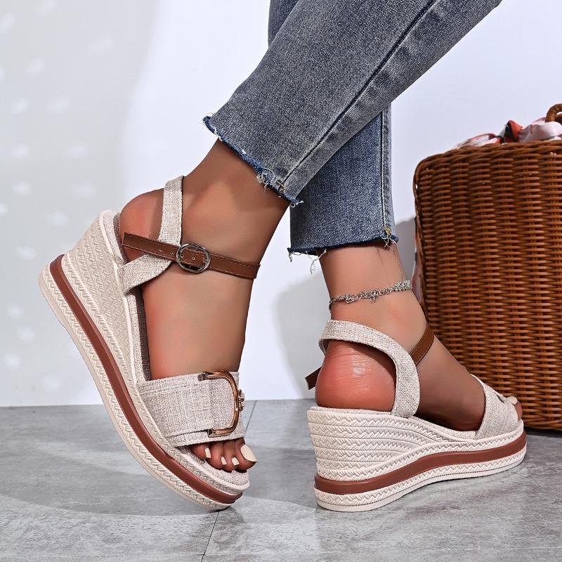 Women's Summer Wedge Peep-Toe Roman Beach Sandals With Buckle Strap, Thick-Soled Footwear, Available In Large Sizes.