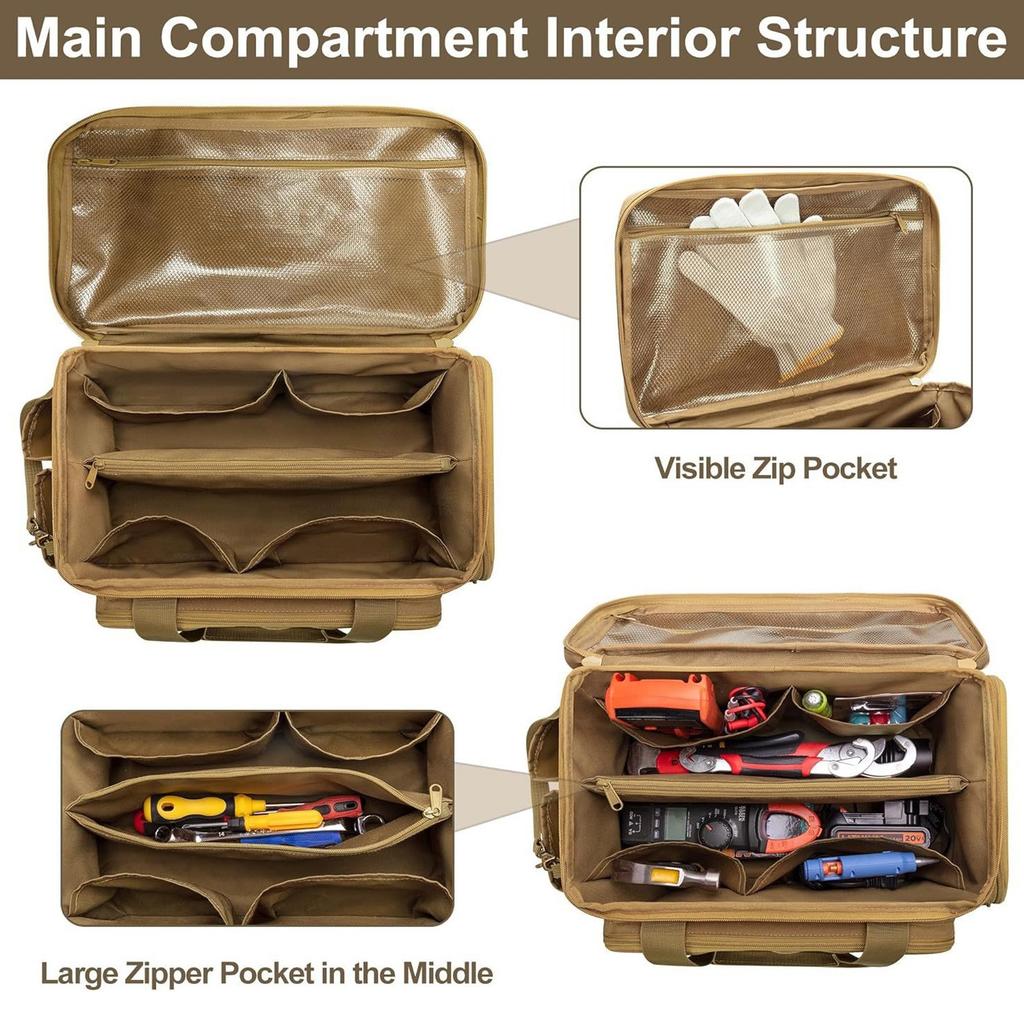 Padded Handle Tool Carry Bag With Wide Opening And Two Way Zippered Access Work Organizer with Elastic Bands