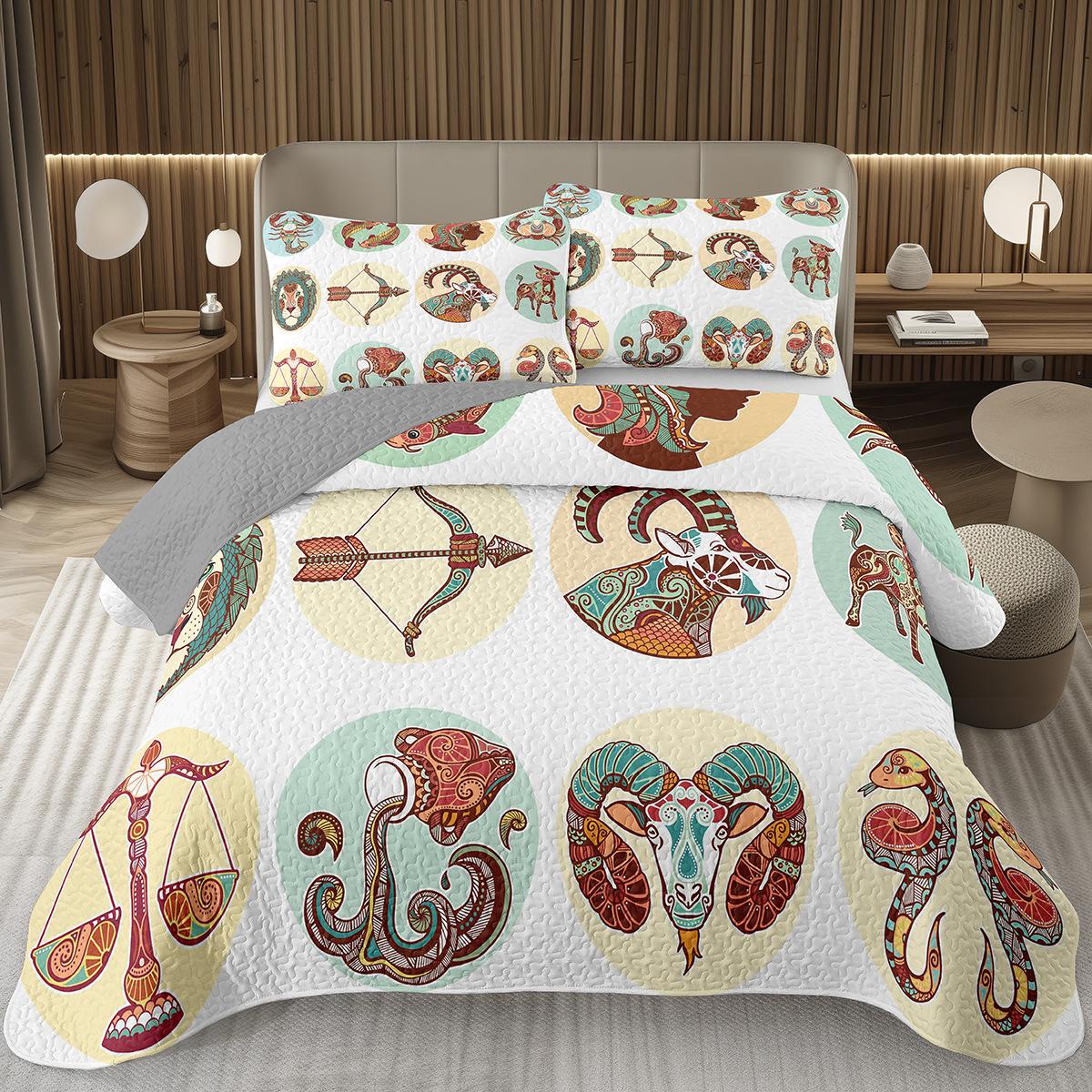 12 Constellations Astrologie Couvre-lits Zodiaque Couvre-lit Boho Exotique Ensemble de Literie Twin King Réversible Couvre-lit Matelassé Gris AU Queen 210x210cm