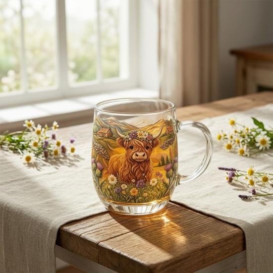 350ML Hand-painted Highland Cow Glass, Highland Cattle Coffee Mug with Handle, Heat-Resistant Tea Milk Water Drinking Cup