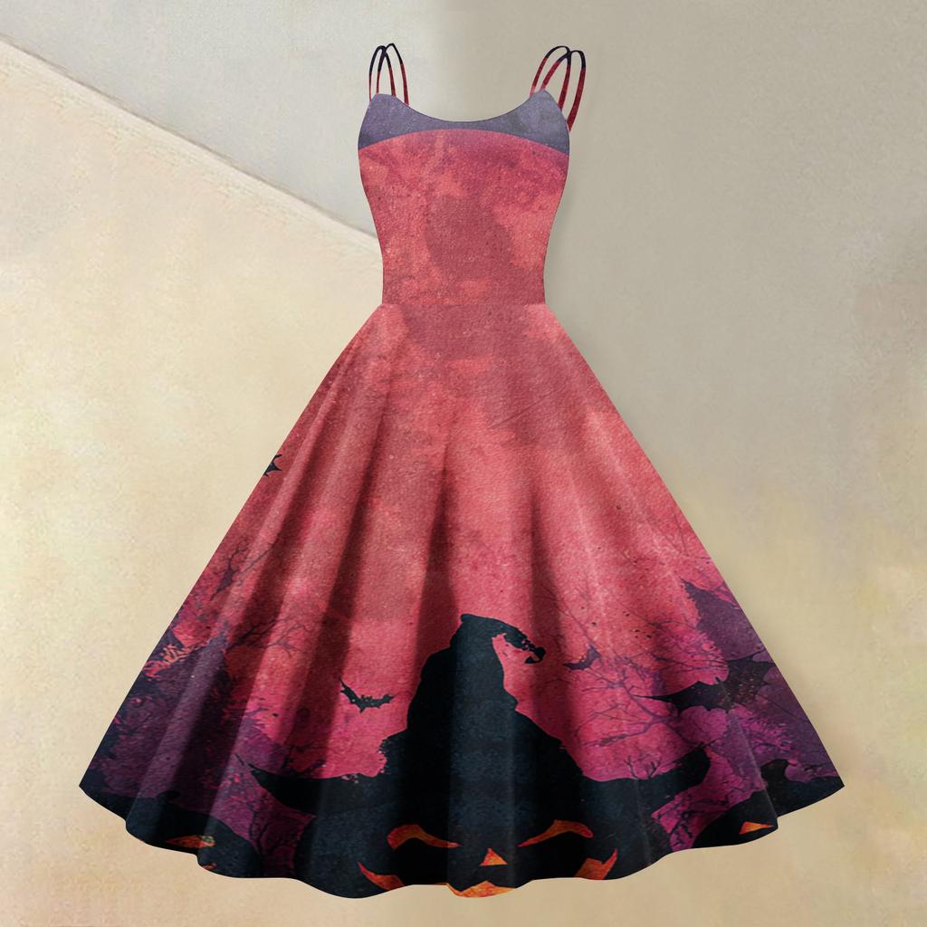 Women's Sleeveless Casual Dress with Halloween Print Round Neck Vintage Style Fit and Flare Midi Dress for Everyday Wear