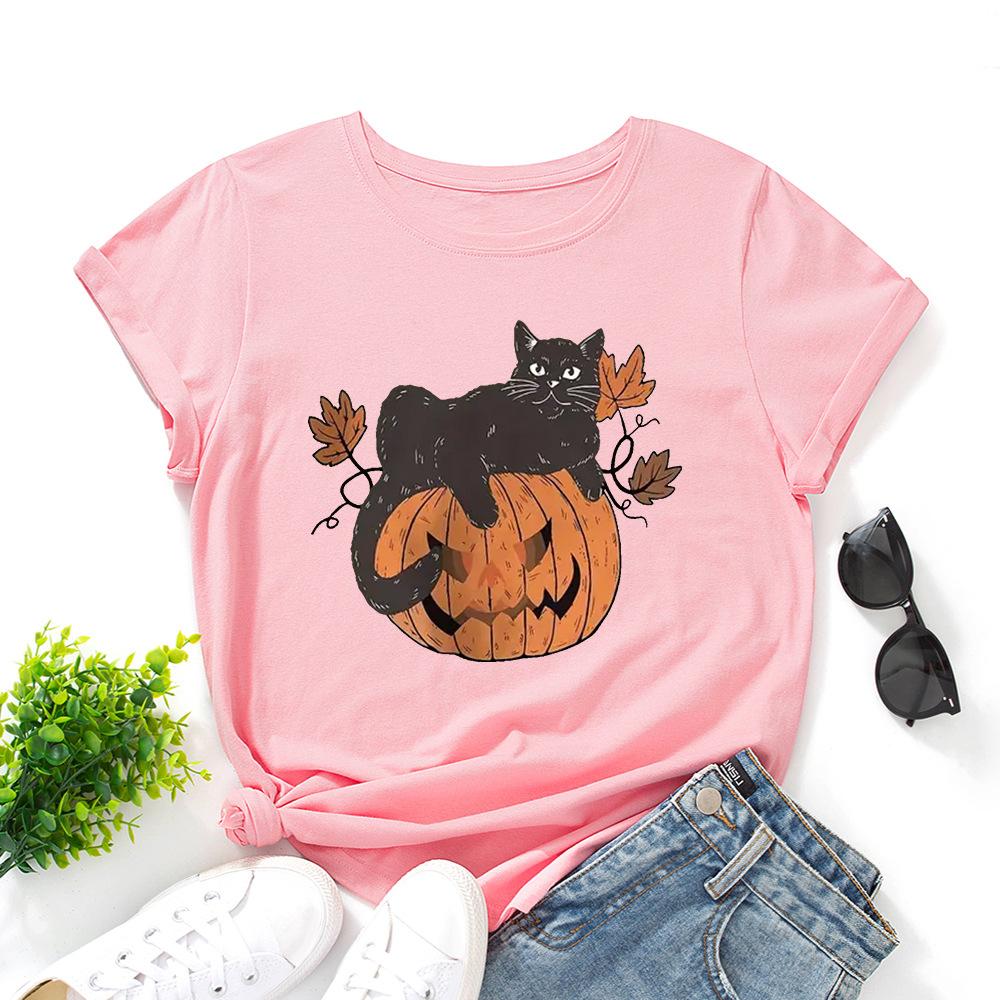 

Stylish Pumpkin Print Top Loose Crew Neck Short Sleeves Casual T-Shirts Women’s 3XL рожевий