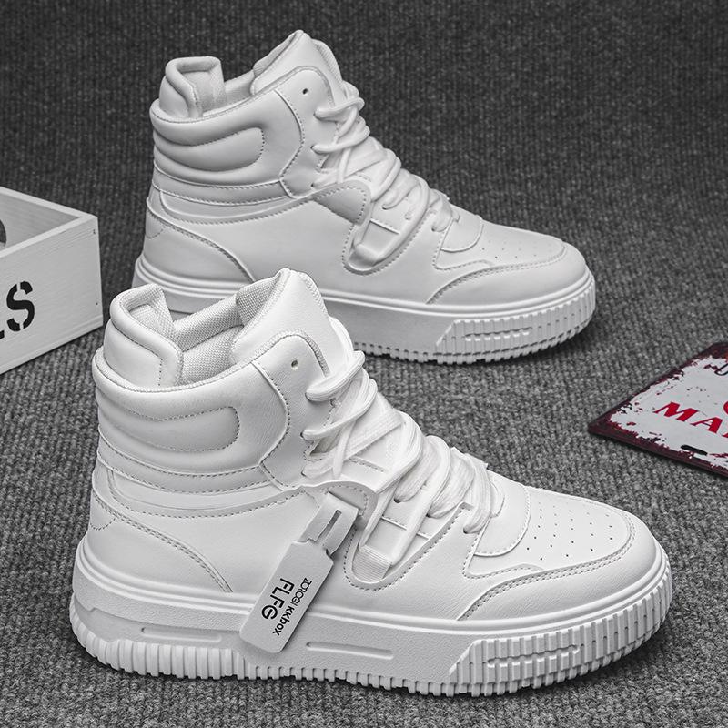 Plus Size Men's High-Top Autumn/Winter Board Shoes - Fashionable White Sneakers for Couples and Teens