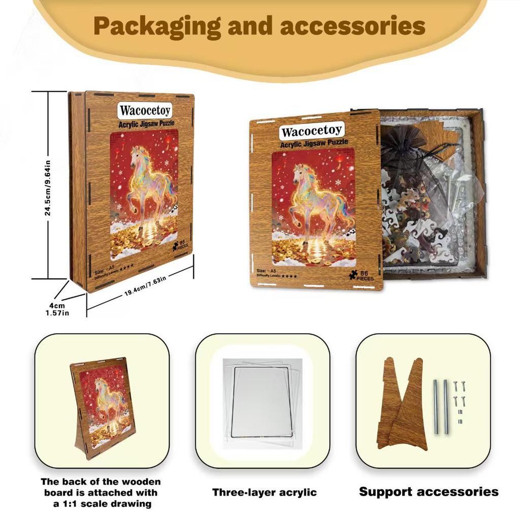 2026 Year of the Horse Irregular Puzzle Painting: Colorful Golden Horse Acrylic Desktop Ornament