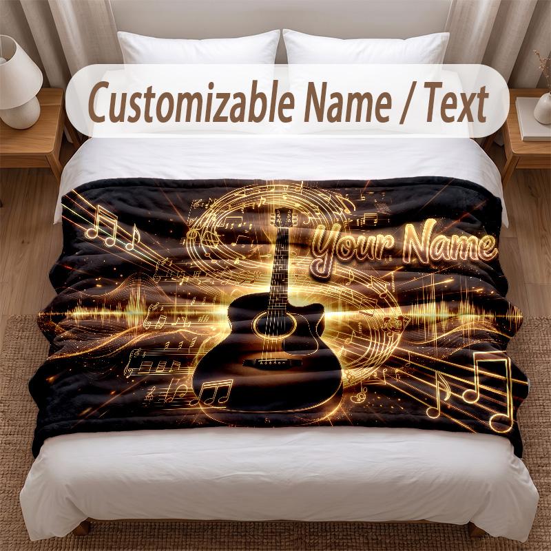 Music Guitar Theme Soft Blanket Personalized Custom Name Text Print Warm Blanket Home Sofa Bedroom Decor