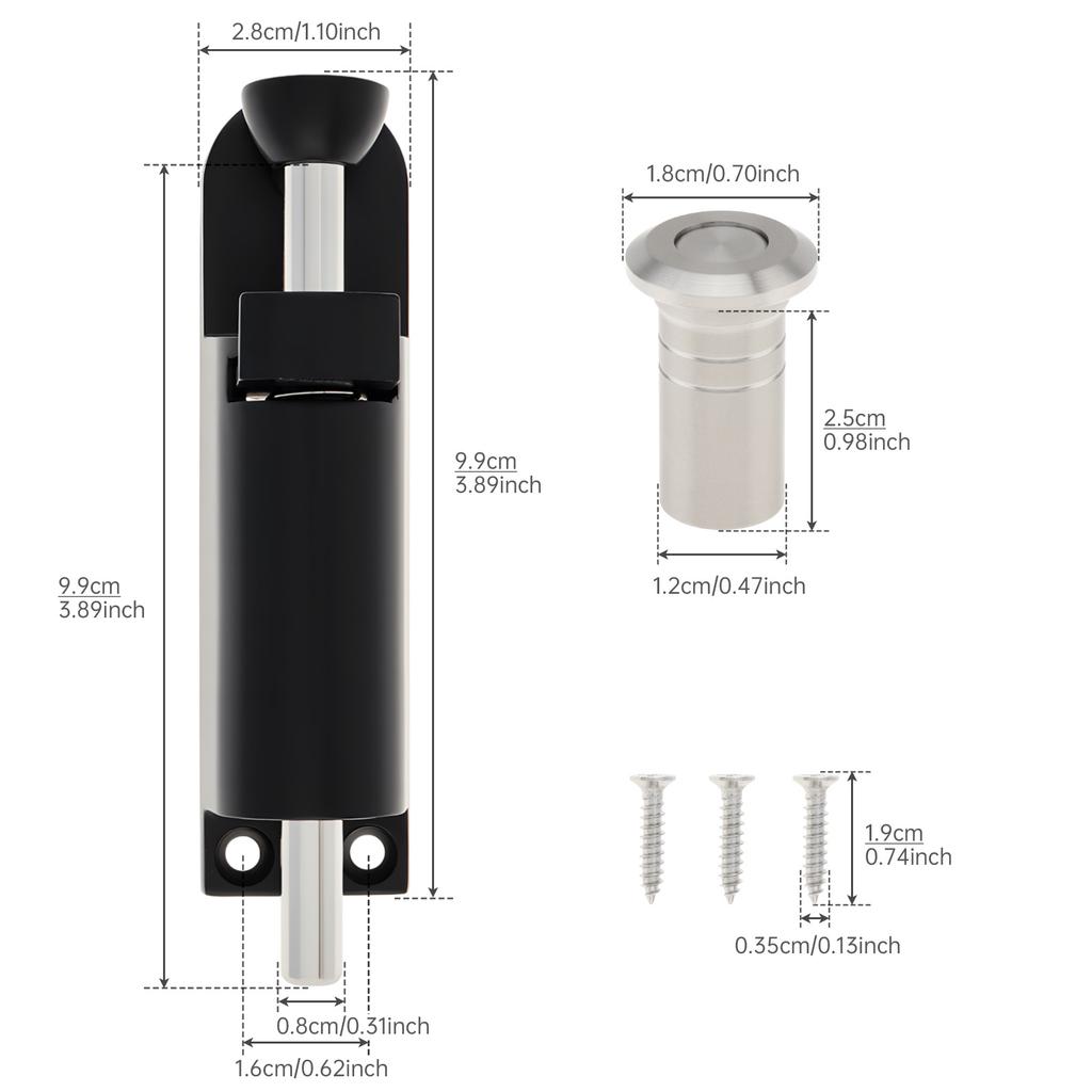 Serrure de porte coulissante à ressort en alliage de zinc 3,9 pouces, loquet à boulon robuste, comprend un boîtier anti-poussière, 3 vis, universel maison, clôture, portail