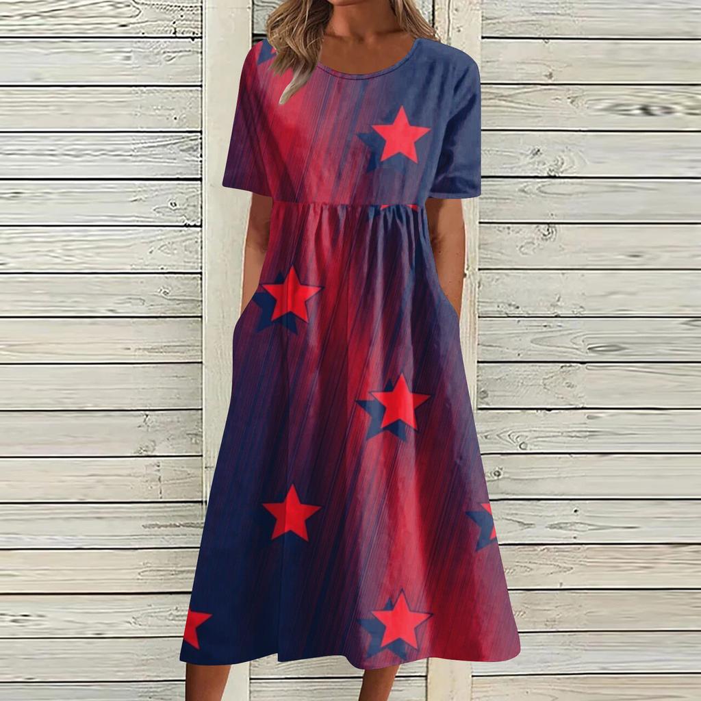 Damen Lässiges Midi-Kleid mit Sternenprint, Kurzarm, Lockerer Schnitt, Bequemes Sommerkleid mit Taschen