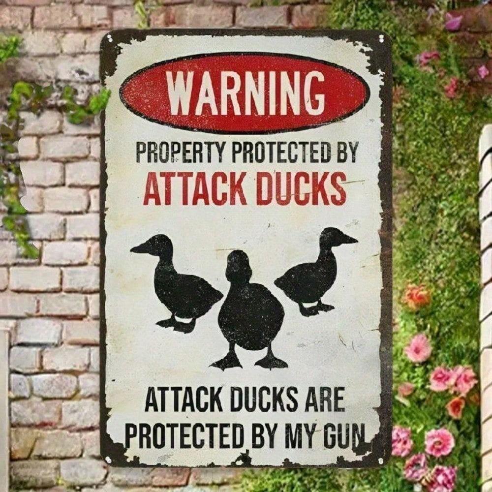 Property Protected by Attack Ducks Metal Sign 12x8 Inch, Rustic Tin Wall Art Decor, Funny Whimsical Duck Warning Sign for Home O