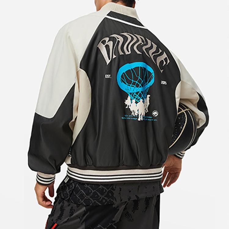 Li-Ning Letter Off-Season Stock Print Baseball Collar Jacket Men Jacket Gravel-Gray Obsidian-Gray AJMU015-5