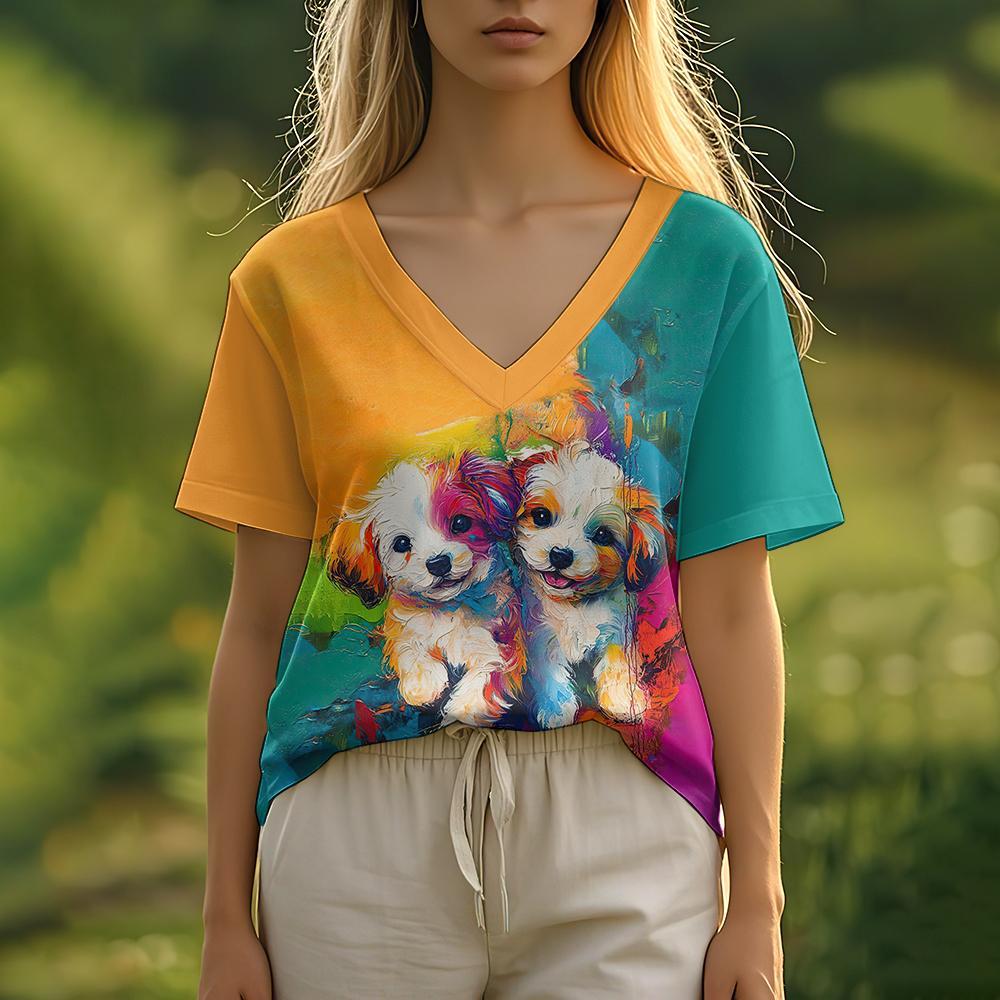 Summer Women's T-Shirt Oil Painting Puppy Print Casual Short-Sleeved 3d T-Shirt Fashion Street Wear V-Neck Pullover Oversized Wo