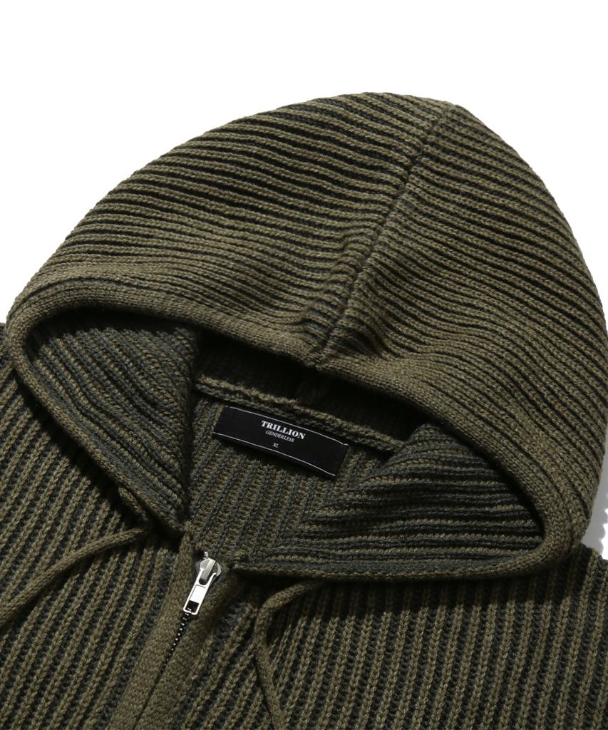 TRILLION Washable Two-Tone Hooded Zip-Up Graphic Knit (Khaki)