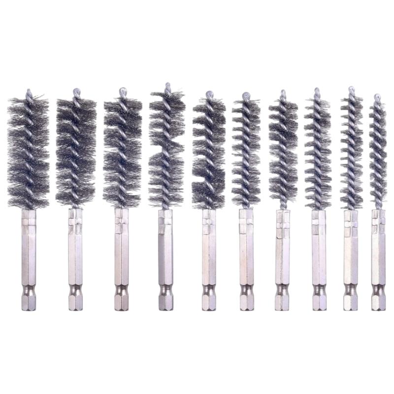 10 Piece Stainless Steel Wire Brush Set Hexagonal Shank For Metal Deburring Cleaning Polishing 8-19mm Size