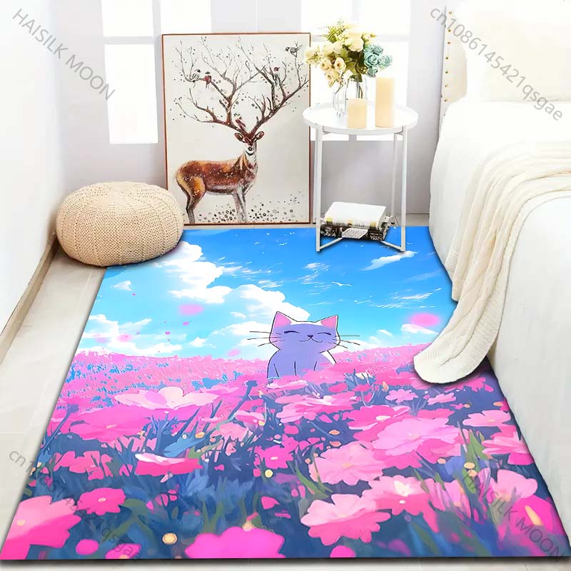 1PC Cat In Flower Field Pattern Rug Carpets for Bedroom Living Room Sofa Mat Creative Door Mat Cloakroom Home Decor