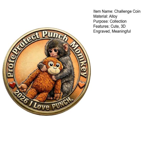 Cute Baby Monkey Challenge Coin Metal Monkey Holding Plush Toy Pocket Token 3D