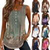 Women's Fashion Casual Retro Floral V-neck Decorated Buttoned Ruffled Sleeveless Vest T-shirt Top