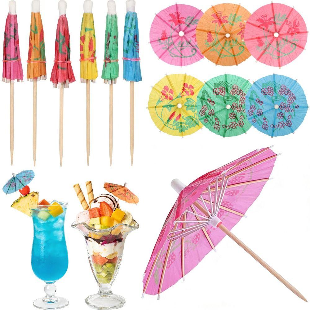 100PCS Paper Umbrella Tops Cocktail Picks Wooden Sticks Decorative Skewers Dessert Topping
