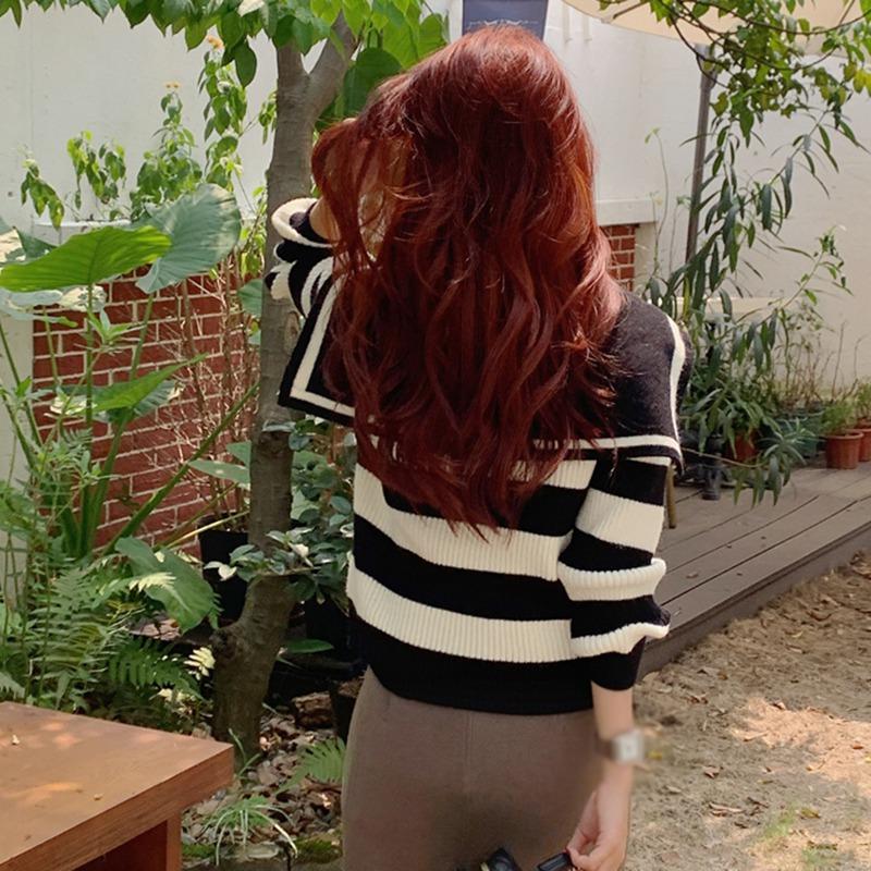 Dámský svetr s námořnickým límcem, pletený, s dlouhým rukávem, topy