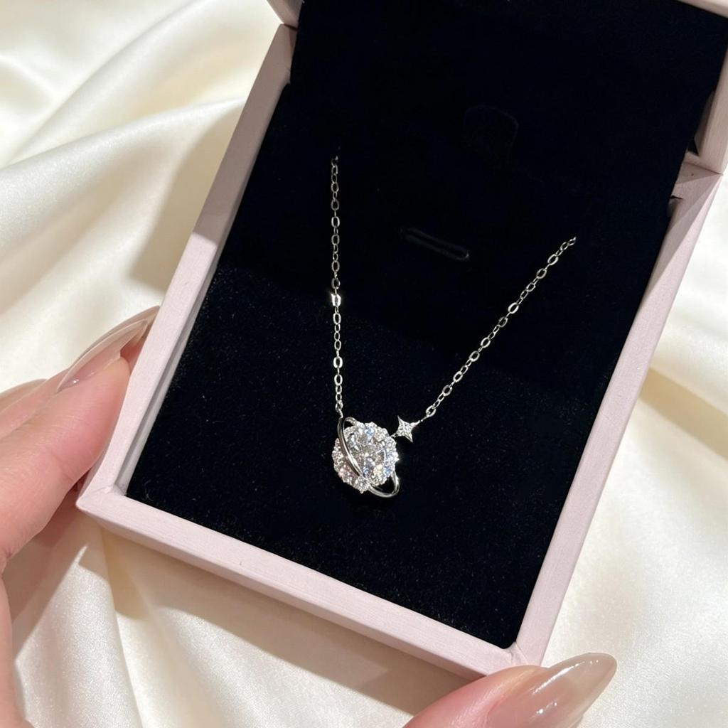 Sparkling Diamond Star Necklace: 999 Sterling Silver, Luxury Zirconia Planet Pendant, Clavicle Chain