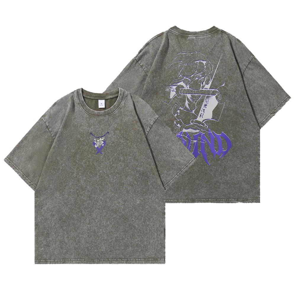 Washed Acid Washed T Shirt Man Demons Slayer Anime Y2K Classic Casual T-Shirts Summer O Neck Hip Hop Tee Shirt Oversize Clothing