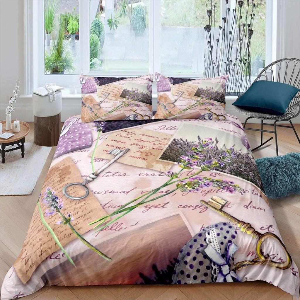 Lavender King Queen Duvet Cover Purple Flower Butterfly Bedding Set Abstract Marble Floral Comforter Cover Polyester Quilt Cover