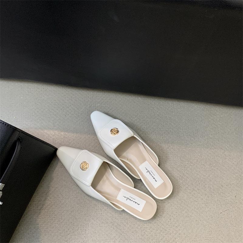 2025 spring and summer new metal buckle pointed head thin flat bottom slippers bag head half drag soft leather comfortable flat heel women's shoes