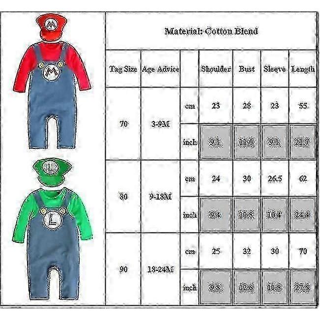 Super Mario Bros Baby Crawling Romper Jumpsuit Costume with Hat Set, Mario Luigi Cosplay Outfit for Newborn Halloween Party SZBS
