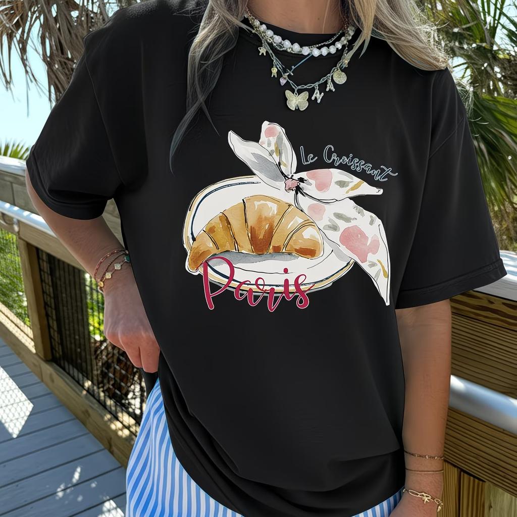 Le Croissant Paris Graphic T Shirt French Aesthetic Bow Print Summer Tops Women Trendy Casual Loose Short Sleeve Fashion Tee