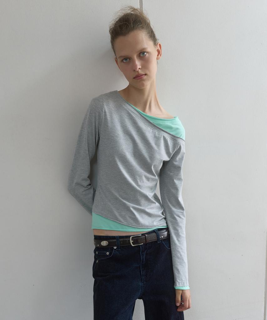 KIJUN Tilted Layered Long Sleeve Top_Melange Gray