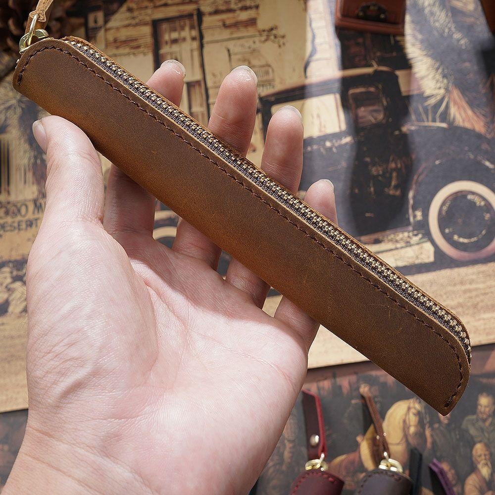 Mini Porta-penne in Pelle di Vacchetta con Cerniera Organizer Protettivo per Penna Elettronica da Scrittura