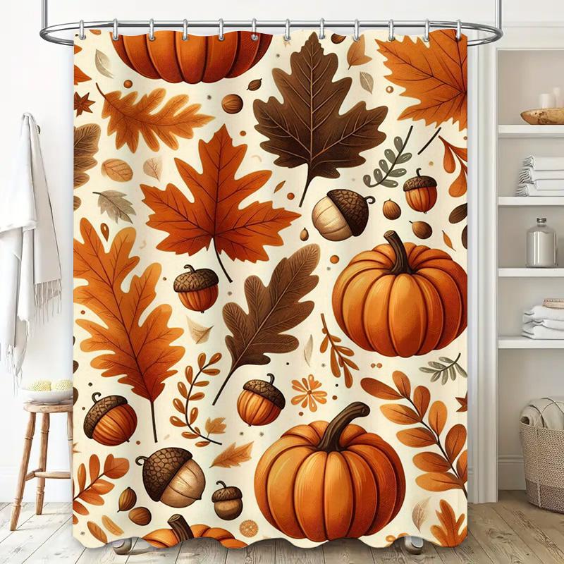 Autumn leaves pumpkin shower curtain waterproof fabric bathroom decor multicolor pattern for home kitchen use. This title adhere
