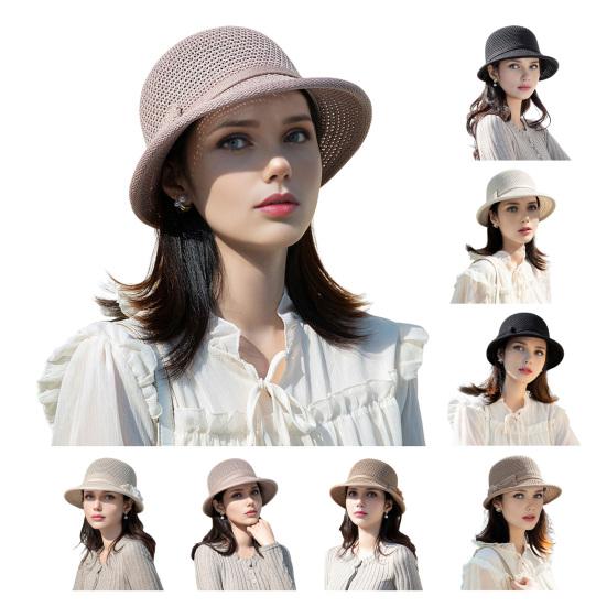 Women Basin Hat Flower Bow Decor Wide Brim Summer Bucket Hat Face-Slimming Outdoor Travel Beach Hat Headwear