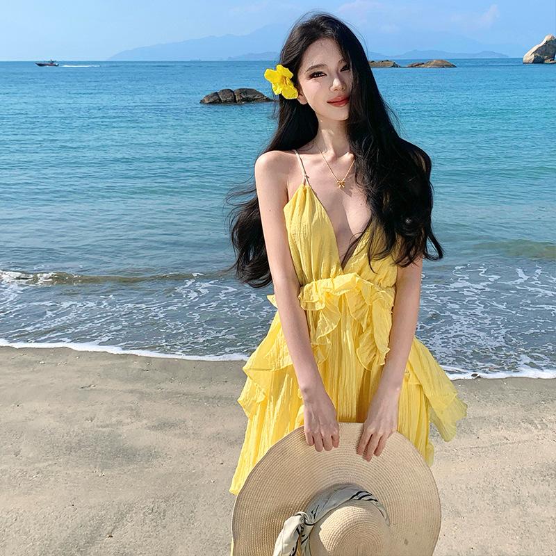Sanya beautiful photo dress seaside vacation yellow big skirt backless dress sexy beach dress atmosphere