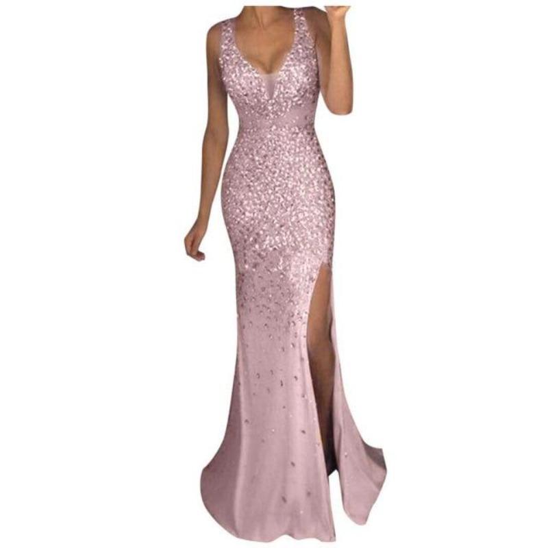 Rochie cu crăpătură înaltă Femei Paiete Bal de Promovare Elegantă Doamnă Rochie Sexy Fără Spate Dama Aur Elegantă Domnișoară de Onoare Decolteu în V Rochie Lungă
