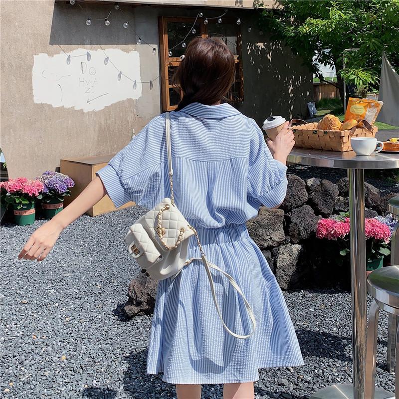 Women's Summer Blue Striped Shirt Dress: Korean-Style Two-Piece Look