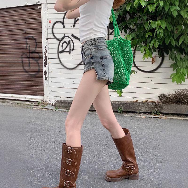 Spicy Girl Retro High-Waist Denim Shorts for Women - Elastic, Slit, A-Line Hot Pants