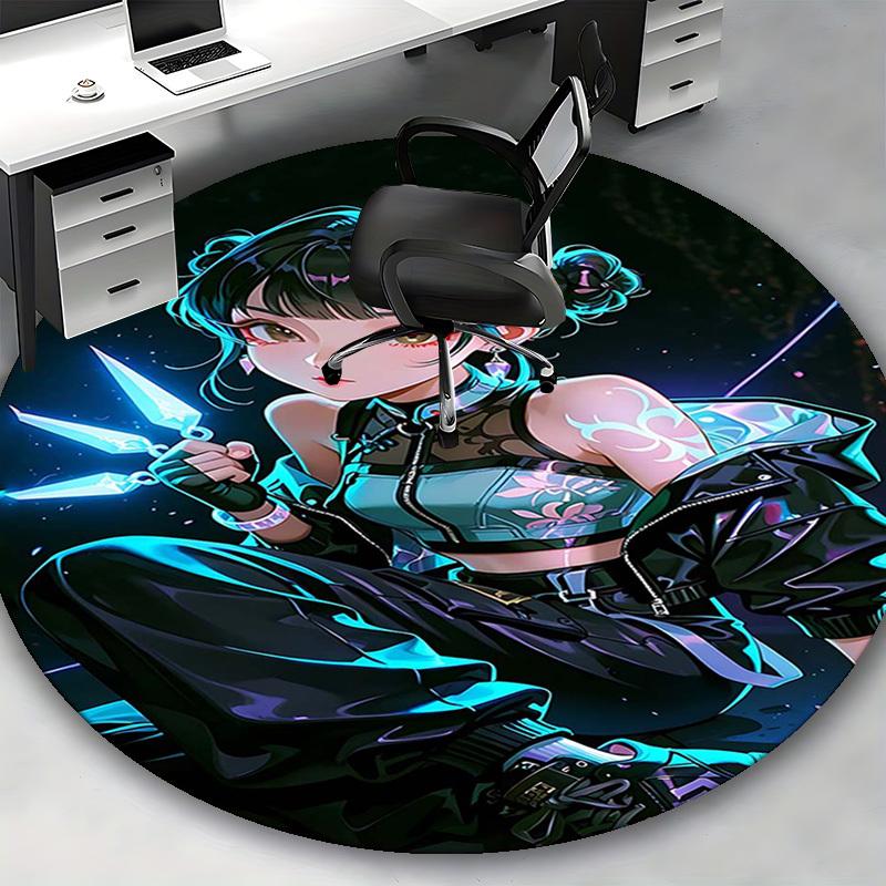 1pc Anime Tattoo Design Round Carpet  Office Chair Mat, NonSlip Rug for Home Decor, Living Room